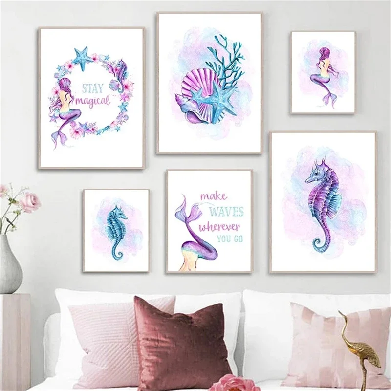 (No frame)Starfish Hippocampus Mermaid Poster Cartoon Nordic Poster and Print White Purple Canvas Painting Picture Wall Art H
