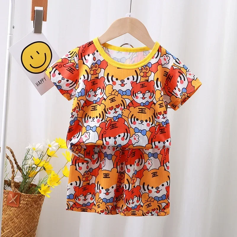 

Kids Summer Thin Pajamas New 2024 Boys Girls Cartoon Print Short Sleeve T-shirt Top with Shorts Baby Loungewear Clothing Sets