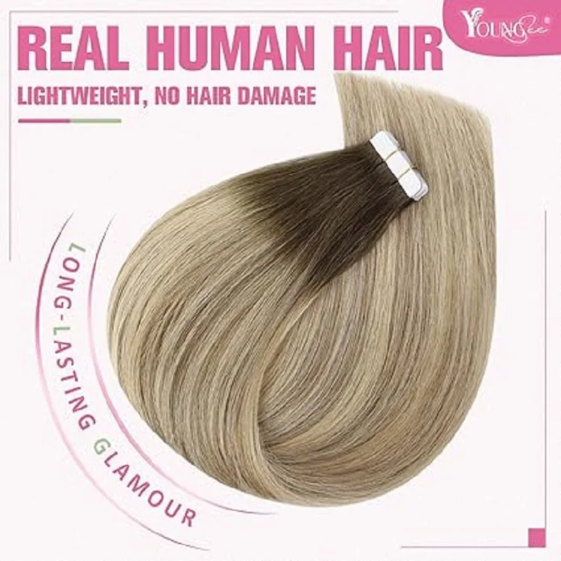 YoungSee Tape In Remy-Haarverlängerungen, gerade, nahtloser Hautschuss, Balayage-Farbe, 30,5–61 cm