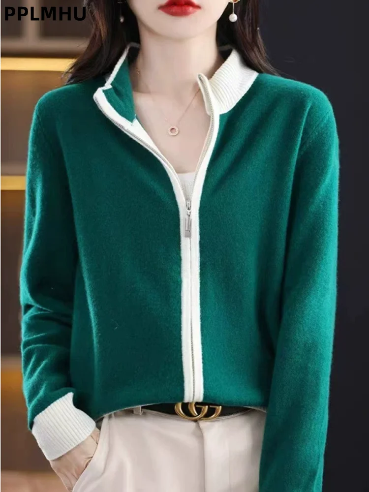 

Women's Patchwork Knitted Cardigan Zipper Fashion Women's Casual Sweater Thickened Korean Stand-up Collar Knitted Jumpers