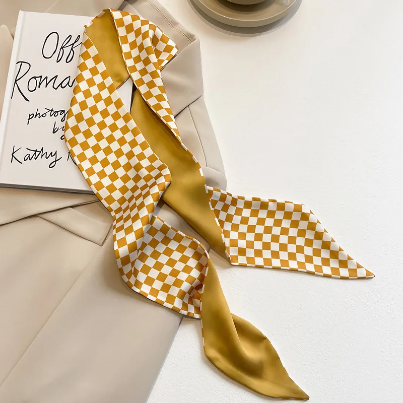 Yellow white silk scarf spring and summer narrow ribbon women\'s hair tie hair tie bag decoration high-end long scarf