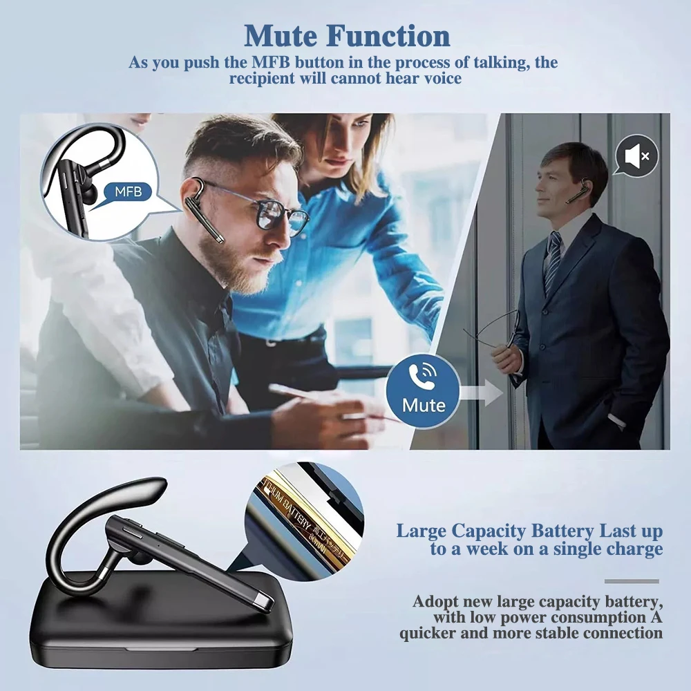 YYK-520 무선 헤드폰 비즈니스 블루투스 5.3 이어폰 핸즈프리 통화 마이크 노이즈 캔슬링 헤드셋 이어버드 (운전용)