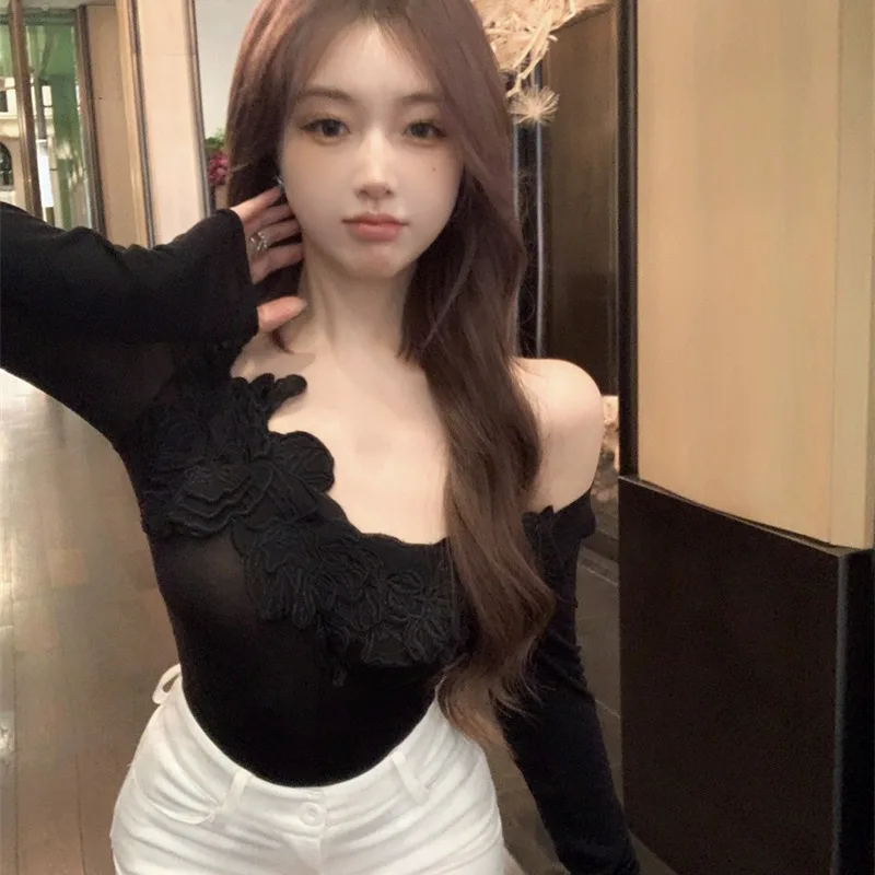 

Bla Heavyweight Embroidered Flower Long Sve Knit Top Gentle Autumn New Sle Faionable Women's Premium Quali irt