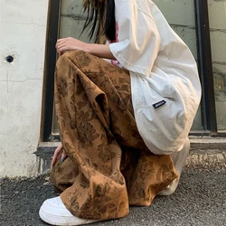 Women Bottoms Khaki Vintage Flowers Casual Pants Fashion High Waist Straight Wide Leg Pants Baggy Mopping Trouser Ladies Summer