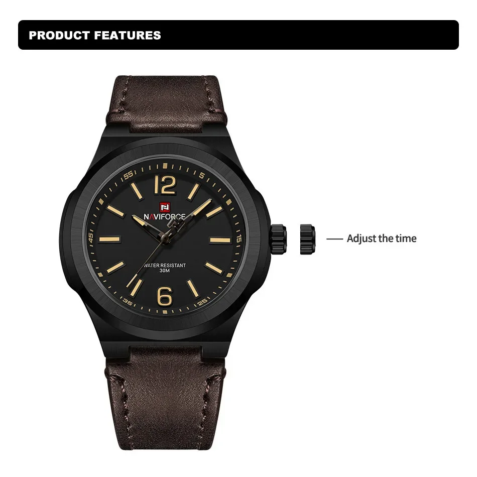 NAVIFORCE NF9233 Fashion Watches For Men Sport Water Resistant PU Strap Quartz Business Wristwatch Relogio Masculino