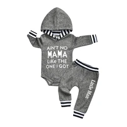 Newborn infant Baby Boy Fashion Clothes Letters Printed Hooded Romper Bodysuit Top and Long Pants Outfit Set for Toddler Boys