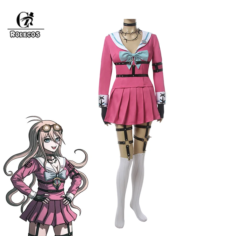 

ROLECOS Game Danganronpa Miu Iruma Cosplay Costume Women Pink School Uniform Halloween Top Skirt Bow Full Set