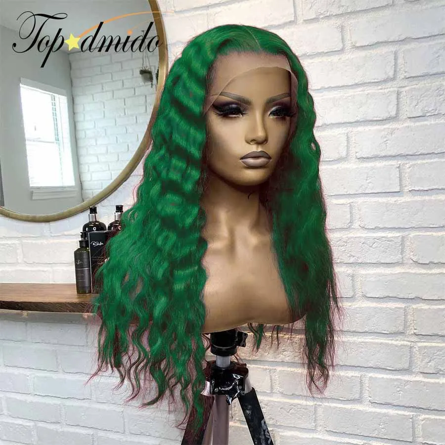 Topodmido-Peruca de cabelo humano de onda profunda para mulheres, perucas de cabelo indiano com cabelo de bebê, transparente Lace Front, cor verde, 13x6