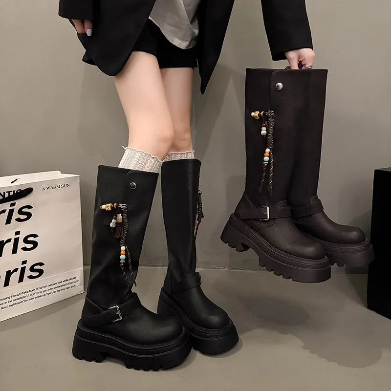 

Women's Tassel High Boots 2025 Autumn Winter New British Style Petite Thick-Soled Slimming Trendy Riding Boots Long Boots