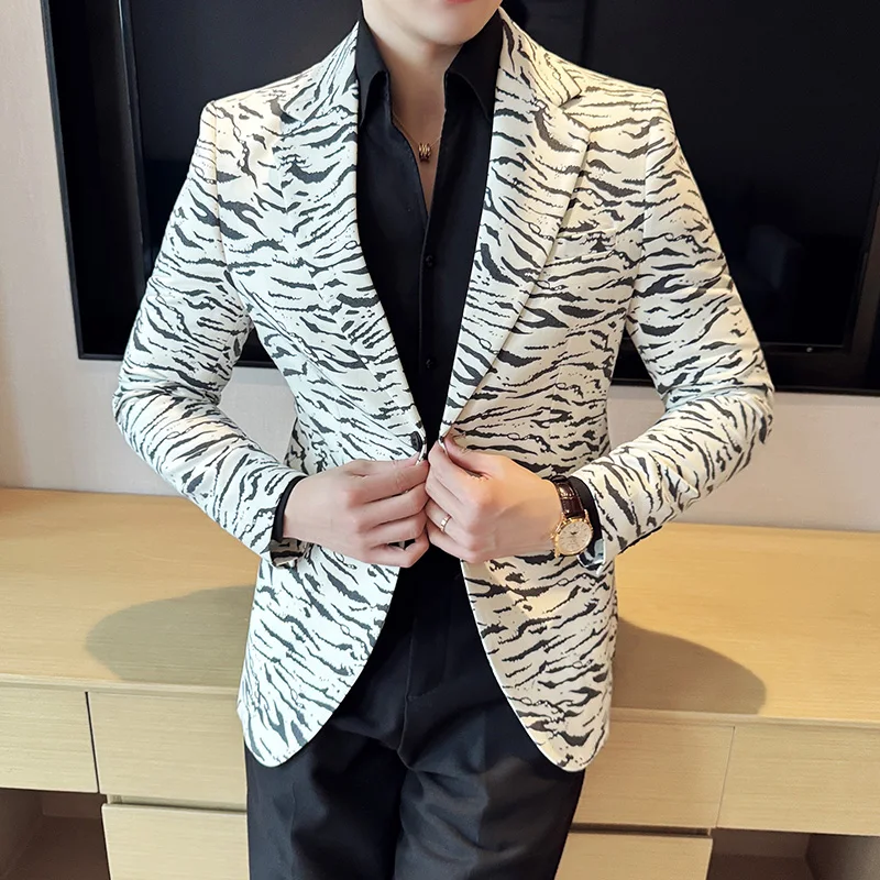 Fashion Leopard Print Design Blazers Coat Men Slim Fit Casual Business Suit Jackets High Quality Social Party Blazers Dress