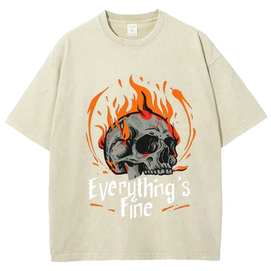 

Женская футболка в стиле хип-хоп в американском стиле ретро с принтом черепа и огня, джинсовая хлопковая футболка с короткими рукавами и круглым вырезом, тяжелая футболка