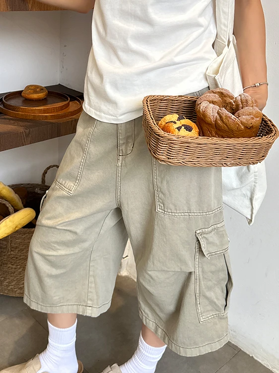 

Retro American Casual Loose Fit Seven-Foot Pants ex Waed Workwear orts Youthful Summer Faion Straight Leg Trousers