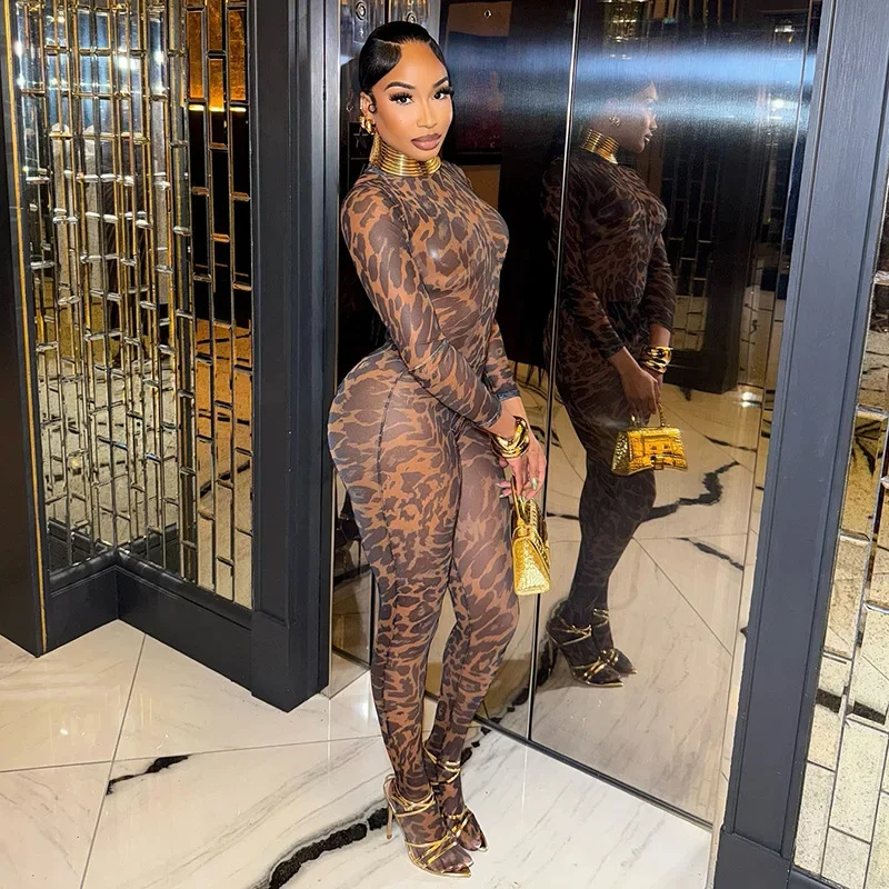 

Leopard Print See Through Mesh 2 Piece Set Women Sexy Turtleneck Long Sleeve Bodysuit Tops + Footed Leggings Pants Clubwear Suit