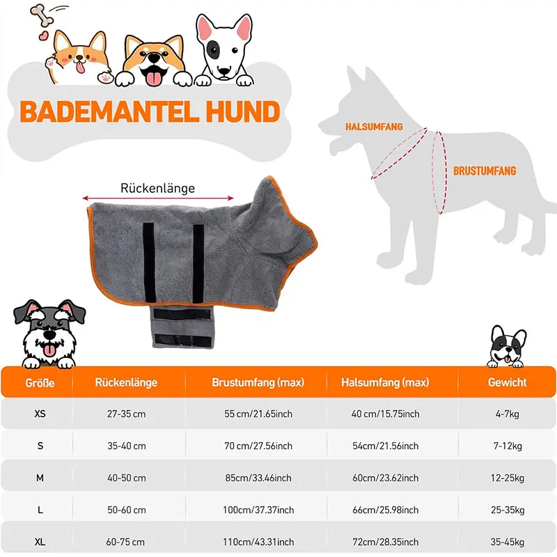 Adjustable Dog Bath Robe Microfiber Pet Drying Towel Quick Absorbent Dog Bathrobe for Large Medium Small Dogs