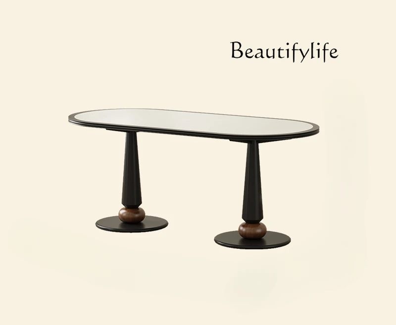 

French retro solid wood rock slab dining table small apartment oval eating table dining table and chairs combination black