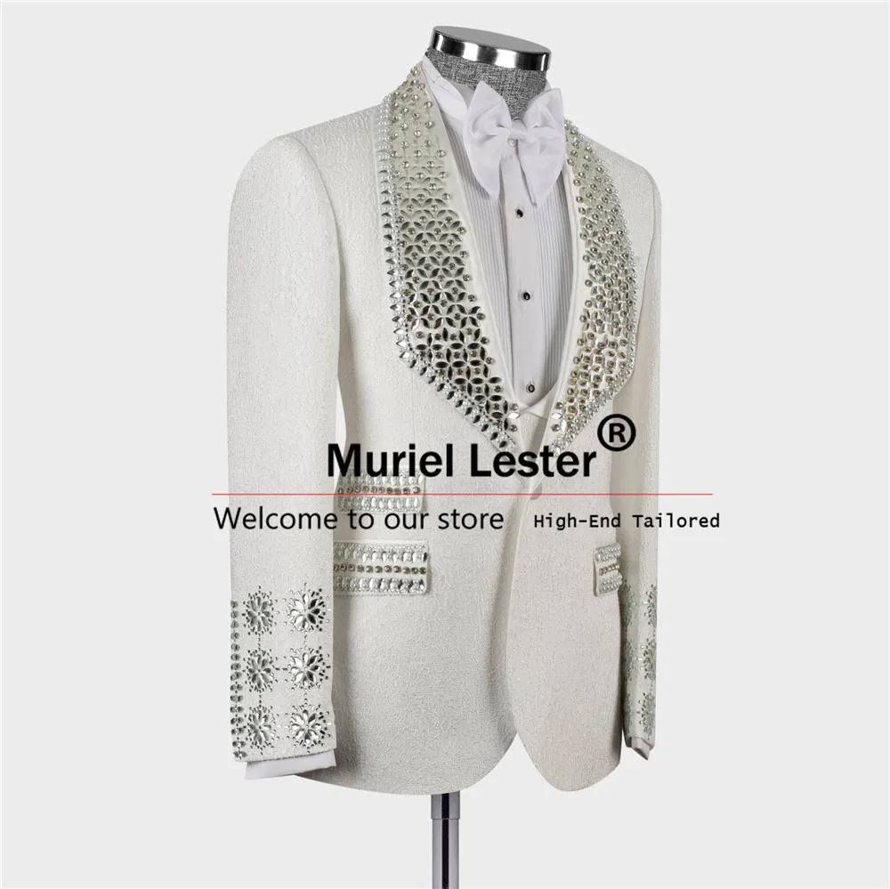 Glitter Crystals Diamond Suits Men Single Breasted Floral Prom Blazer Vest Trousers 3 Pieces Groom Wedding Tuxedos Bespoke Dress