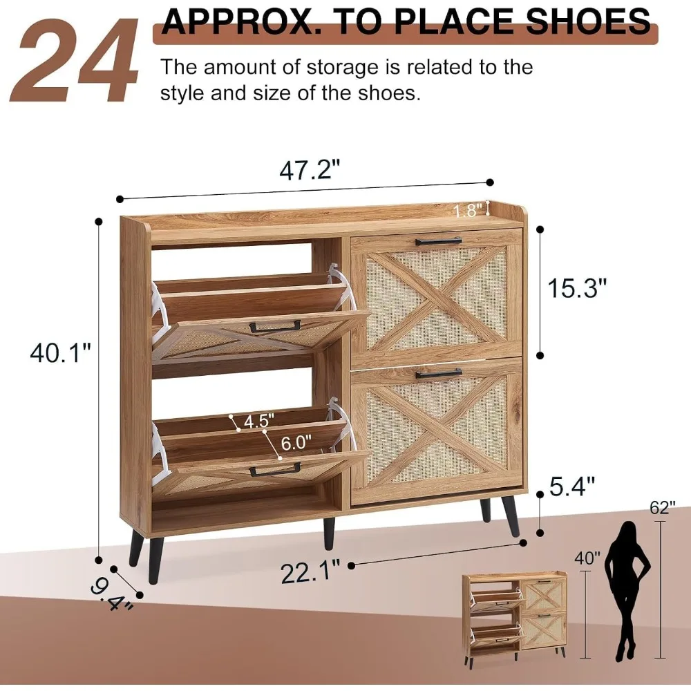 Farmhouse Shoe Storage Cabinet with 4 Flip Drawers, Entryway Organizer for Hallway Closet