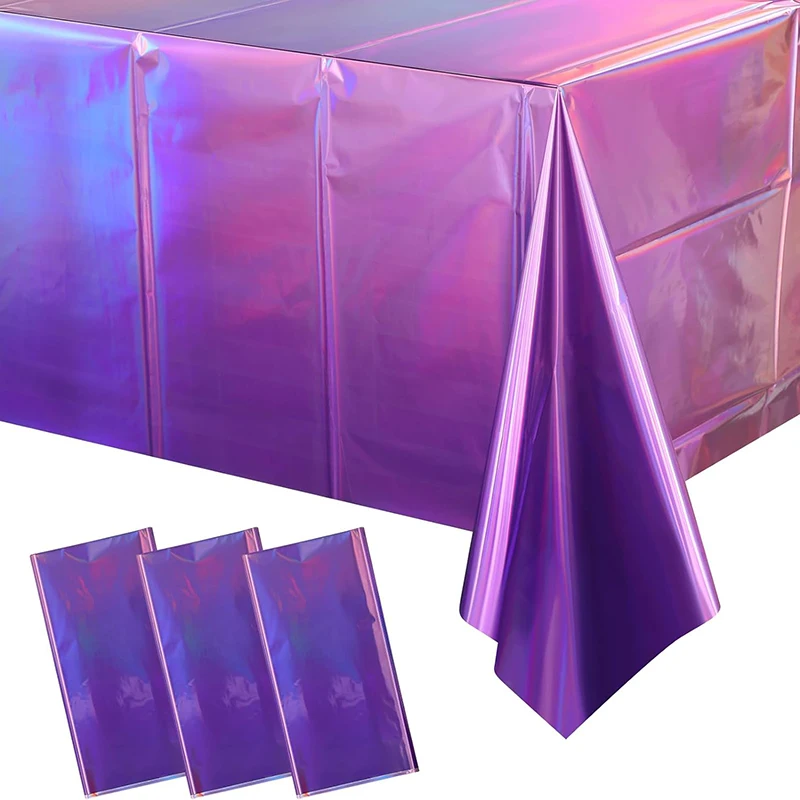1/3Pcs Iridescent Pink and Purple Plastic Tablecloth, Shiny Disposable Laser Rectangle Table Covers for Picnic Camping Party