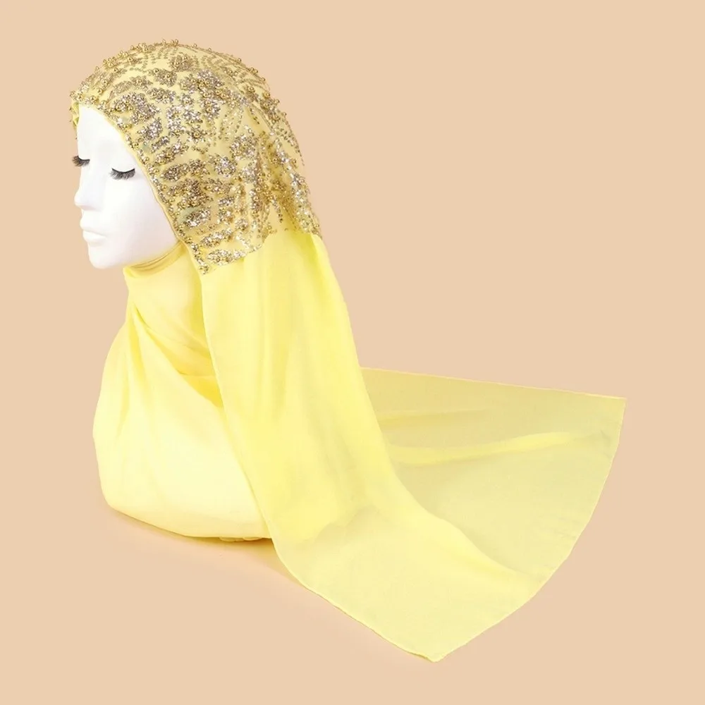 Headwraps Silk Pearl Chiffon Hijab Scarf Long Gold Beads Women Headscarf Wide Ethnic Style Islamic Turban Party