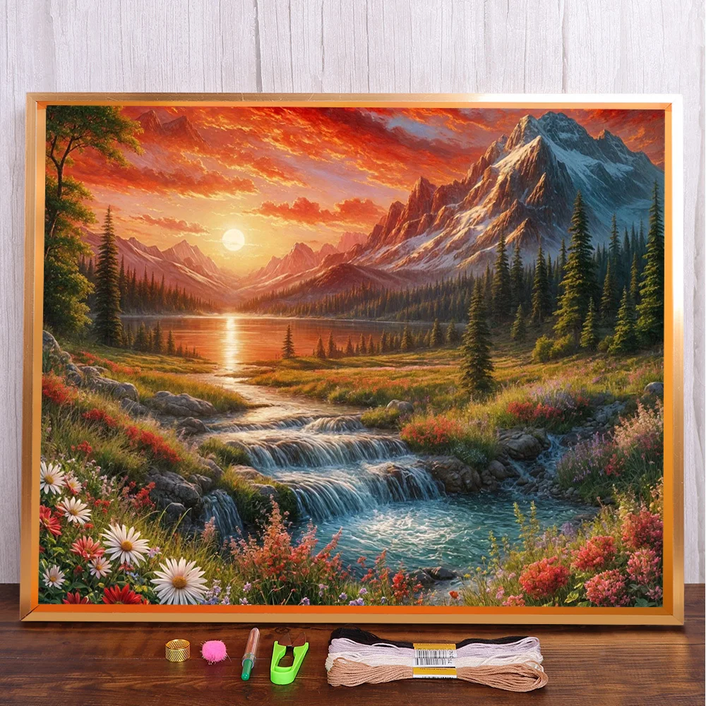 

Landscape Sunset River Pre-Printed Cross-Stitch Patterns Embroidery Handiwork Sewing Craft Painting Package Different Room Decor