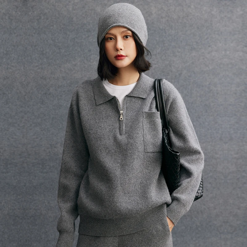 

Women Cashmere Sweater Polo Collar Pocket Casual Half Zip Pullover Luxury 100% Cashmere Knitwear Autumn Winter Thick Loose Tops