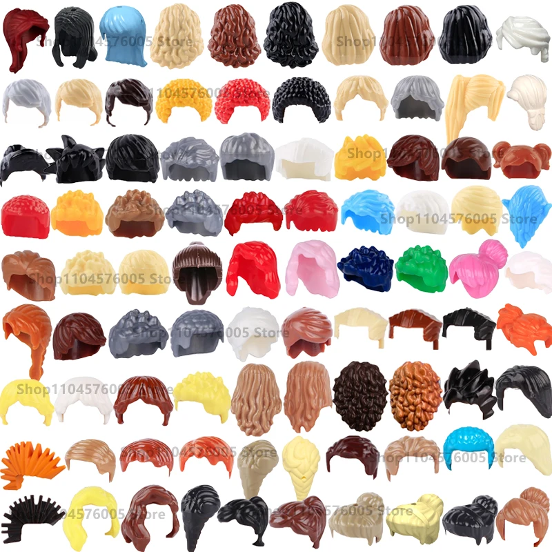 MOC Brown Hair Building Blocks City Figures Body Creative Accessory Blond Gold White Parts DIY Hats Mini Bricks Assemble Toy S04