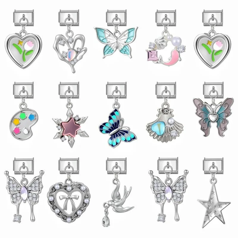 New Colorful Enamel Butterfly Heart Tulip Italian Charm Links pendant Fit 9MM Stainless Steel Bracelet Jewelry DIY Making Gifts