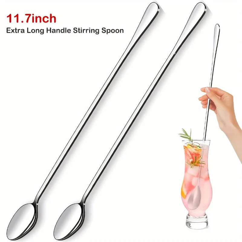 Cuchara de té helado de acero inoxidable 2 unids/set, cuchara mezcladora de mango largo, cuchara mezcladora de cóctel duradera, adecuada para hogares y cafeterías