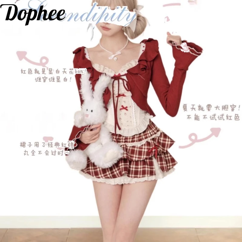 

Dophee Original Vintage Perppy Style 3pcs Sets Lace-up Red Long Sleeve Cardigans Coat+Cute Bow Tanks Top+High Waist Cake Skirt