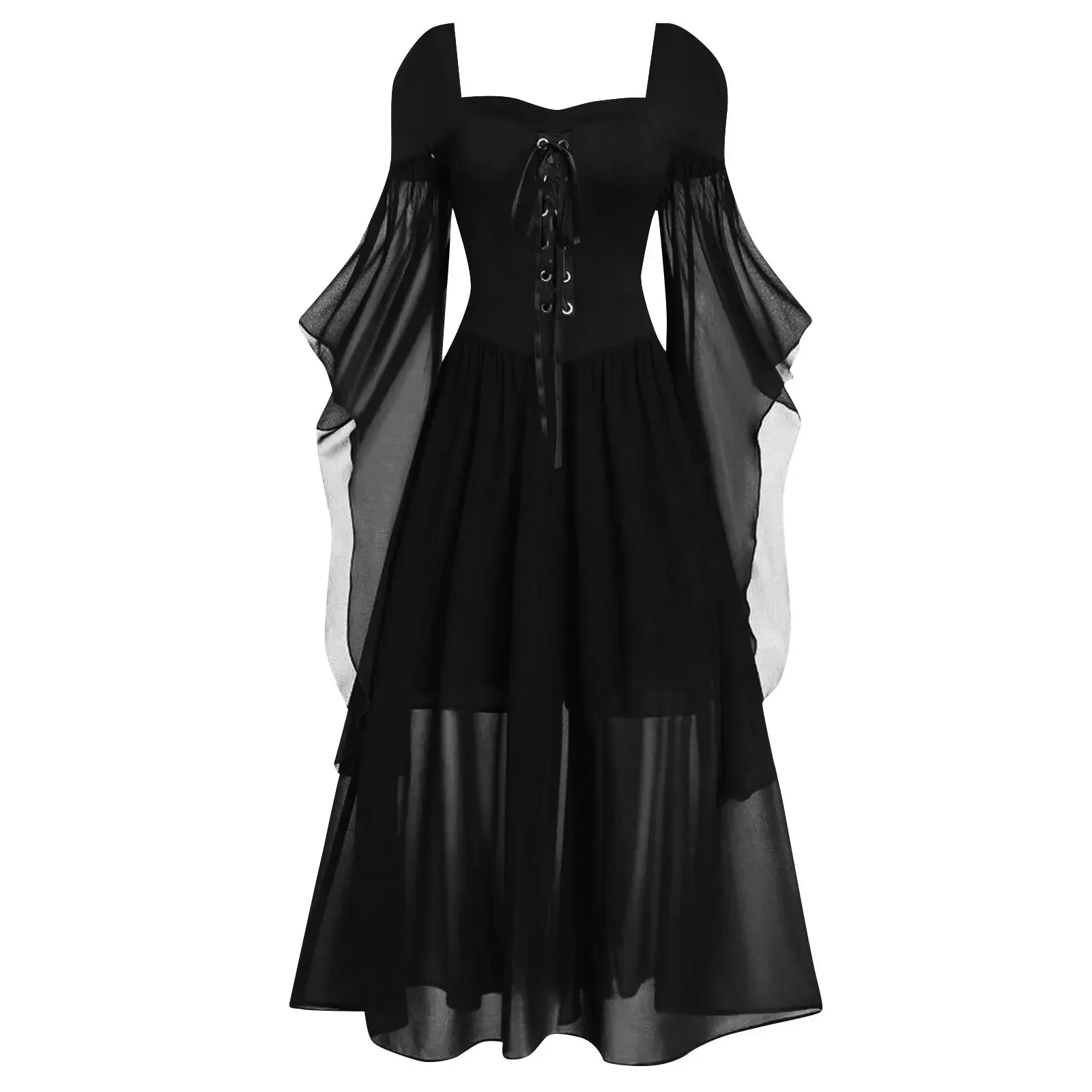 Plus Size Vintage Halloween Medieval Witch Dress for Women Cold Shoulder Butterfly Sleeve Gothic Dresses Carnival Dress Up Party