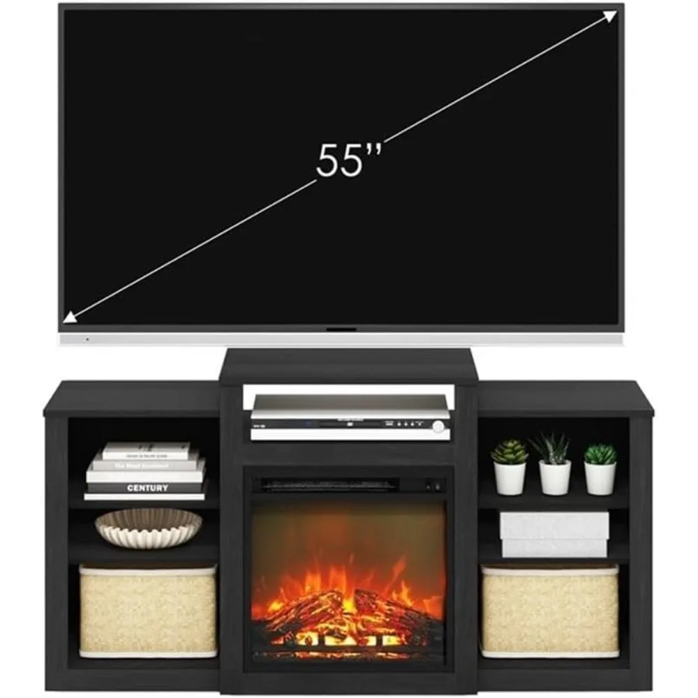 55インチスクリーン対応 電気暖炉付きテレビ台 - 暖房機能付きモダンエンターテイメントセンター