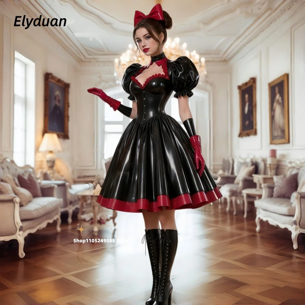 Glänzendes schwarzes PVC-Abschlussballkleid, mittellang, kurz, viktorianisch, Cosplay-Party-Kostüm, Puffärmel, Gothic-Cocktailkleider, individuell gestaltet
