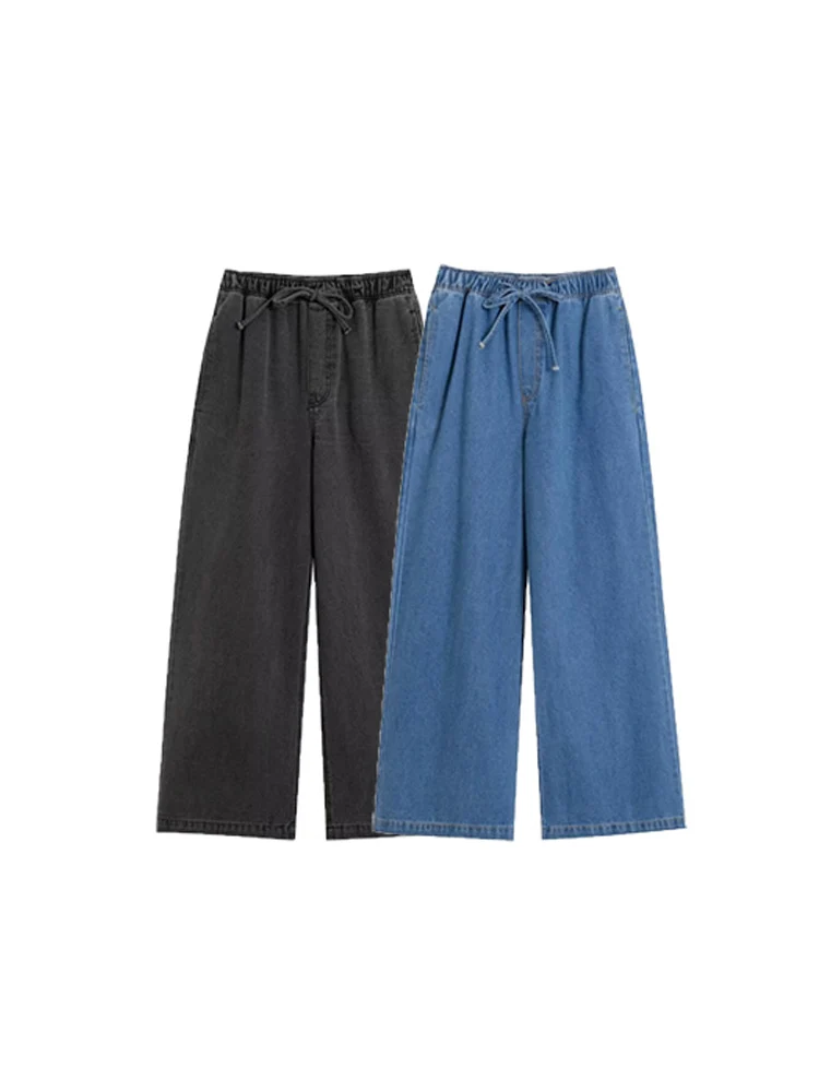 

Willshela Women Fashion Denim Solid Drawstring Wide Leg Pants Vintage High Elastic Waist Full Length Female Chic Lady Trousers