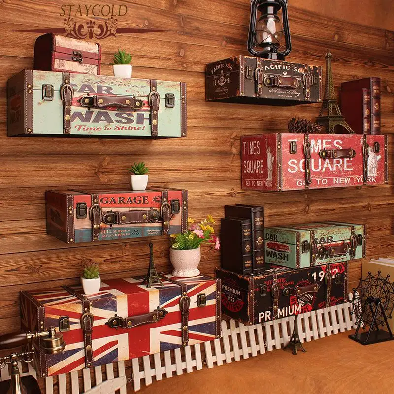 Creative Antique Wooden Suitcase Fake Box Model Wall Decoration Ornaments Home Decoration Retro Figurines Sundries Shelf Decors