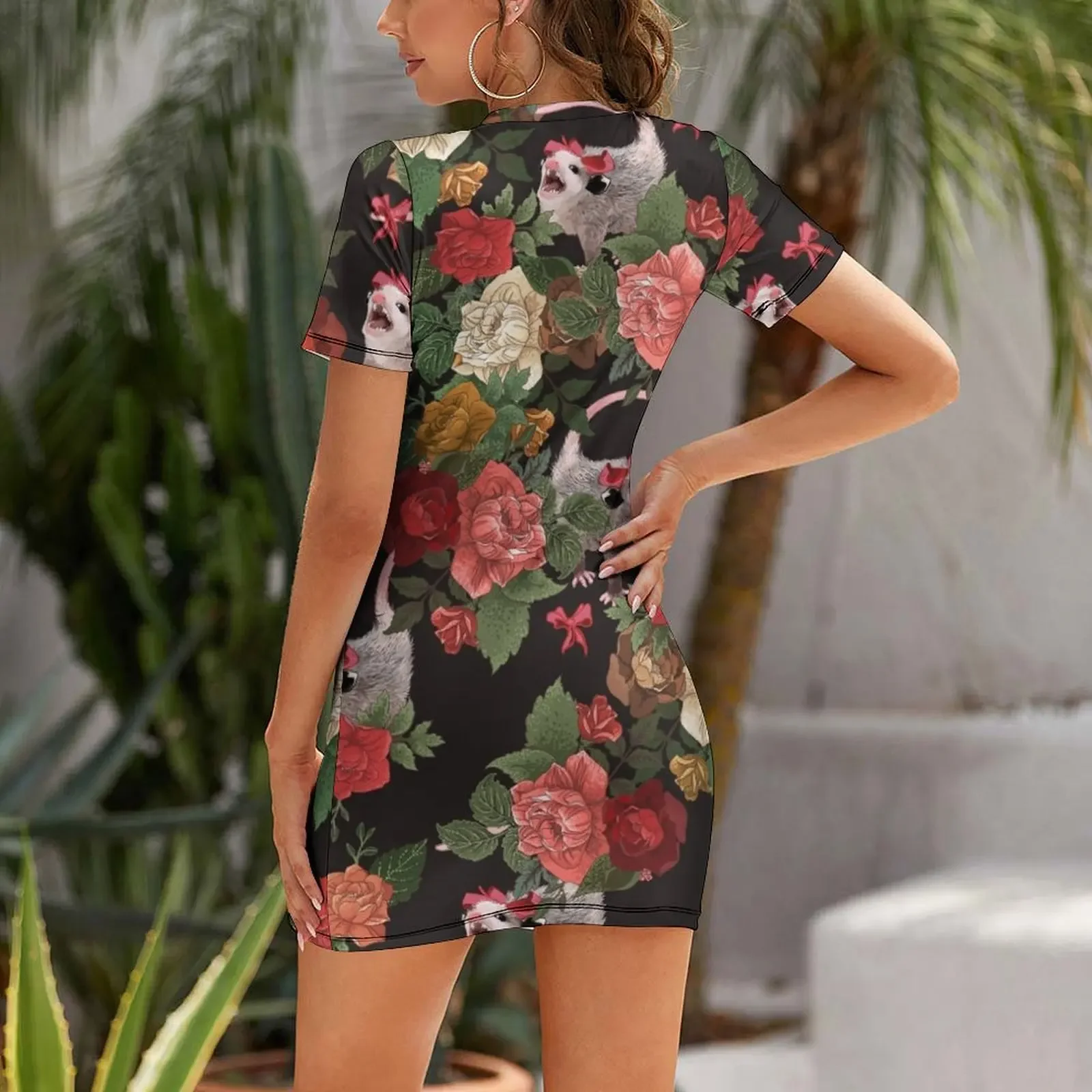 Opossum floral pattern Short-Sleeved Dress clothing women summer 2025 Evening dresses women evening dress Dress