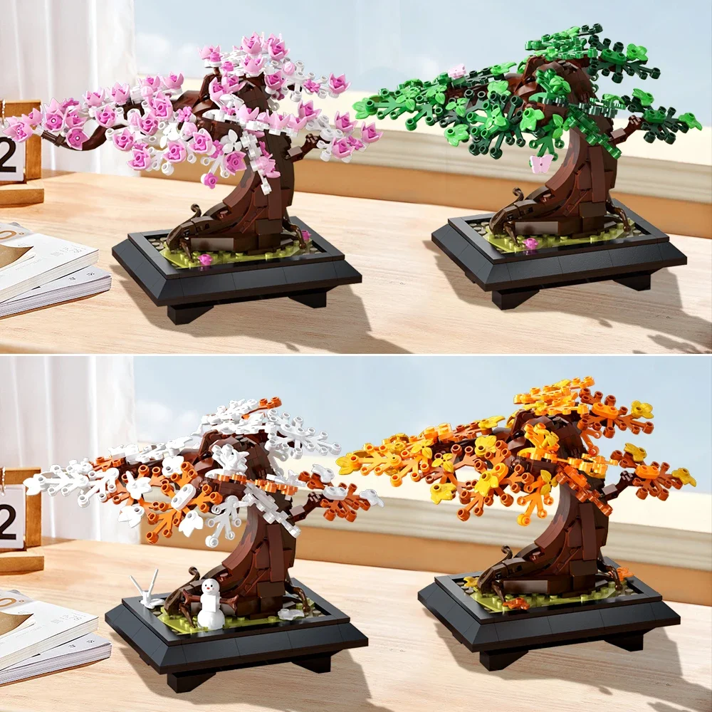 MOC 4 in 1 Plant Bonsai Tree Model Building Blocks Classic Tabletop Plant Brick spring summer autumn and winter Plant Toy Gift