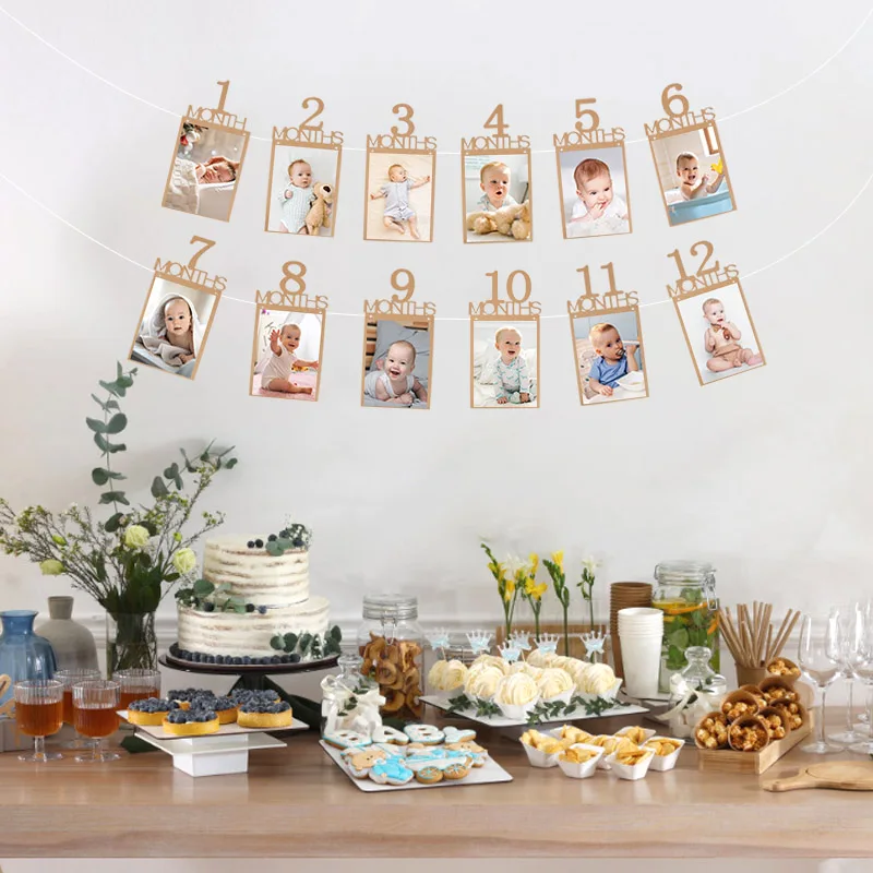 Birthday Baby One Year 12 Months Photo Banner Boy Girl 1 Year First Birthday Party Picture Photo Frame Garland Anniversary Decor