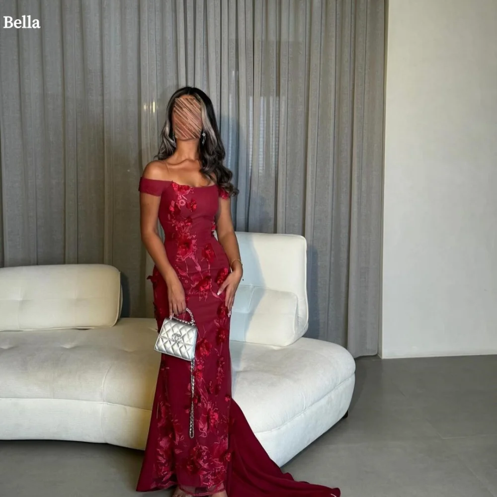 Bella personalizado flores rojas bordado encaje cuatro direcciones elásticos robes de soirée vestidos de noche fuera del hombro vestido de novia