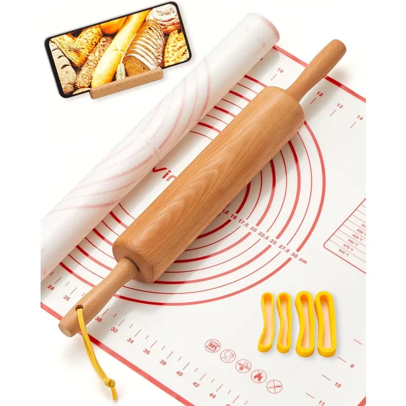 

Деревянная скалка 17 дюймов для выпечки — кольца регулируемой толщины, силиконовый коврик и деревянная основа для пирогов, печенья, теста для пиццы, хлеба