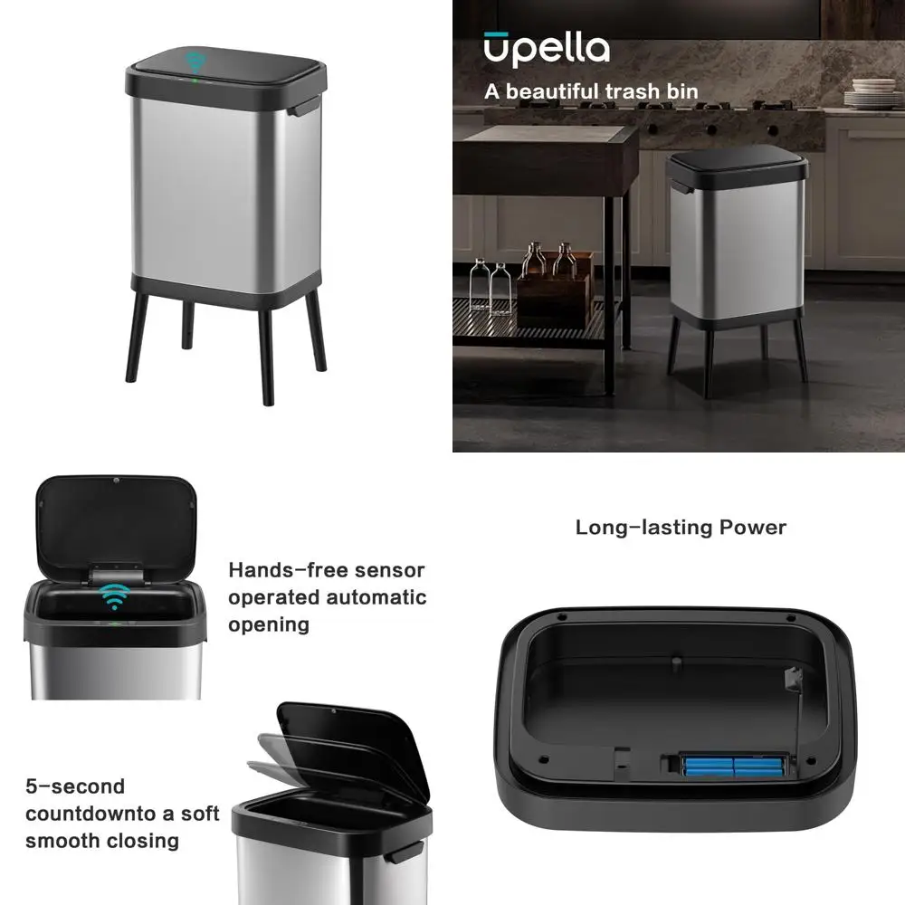 

Stainless Steel Touchless Sensor Trash Can 10.5 Gal, Wide Rectangular, Brushed Finish, Automatic Lid, Raised Legs - Large Capaci