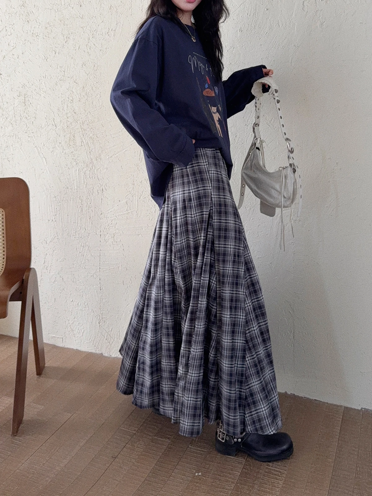 

Retro Contrast Color Plaid A-Line Skirt Umbrella Skirt Women's Autumn New Slim High Waist f-length Skirt Girls' Faion