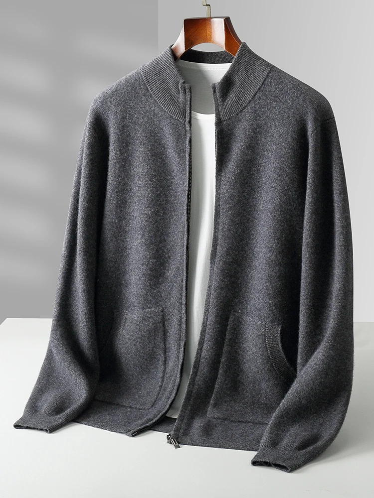 Alta qualidade dos homens inverno grosso cashmere cardigan mock neck zíper camisola 100% lã merino malhas casual macio roupas quentes topo