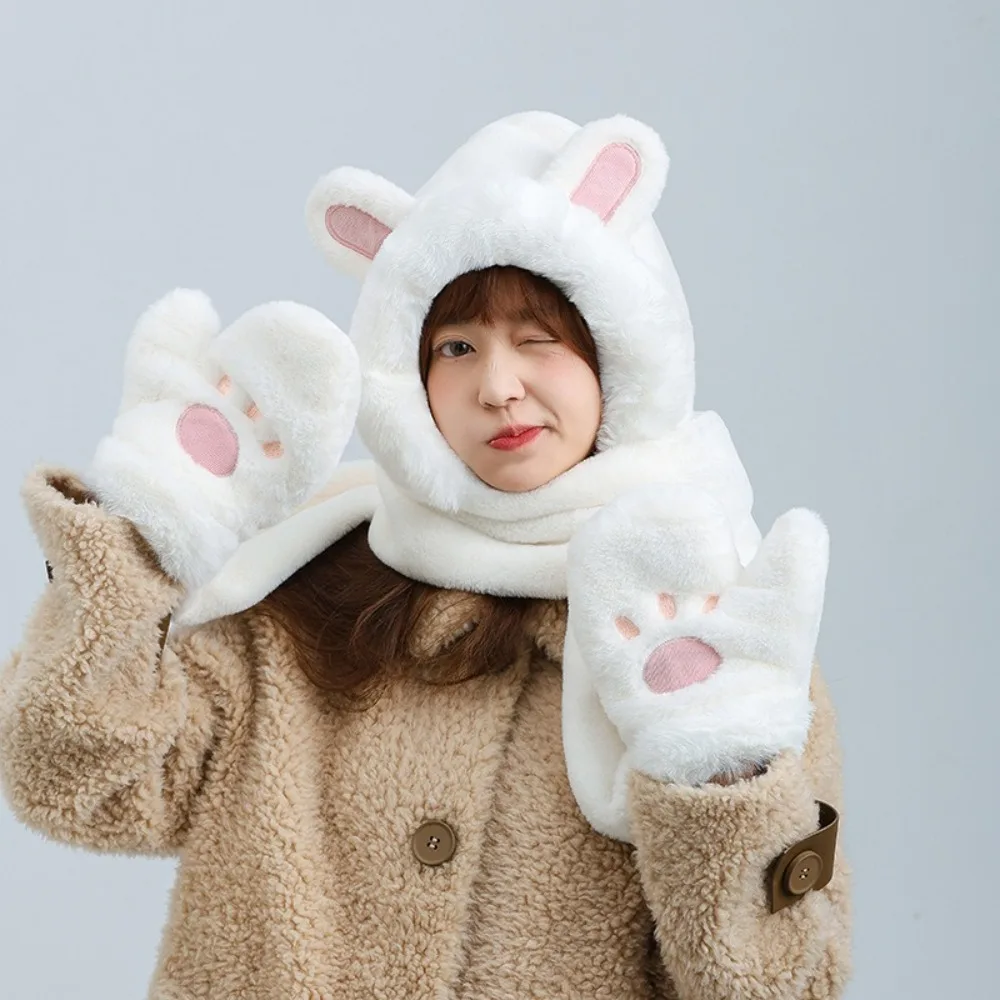 Integrierte Mütze in Hasenohrform, Schal, Handschuhe, winddicht, weicher Plüsch, Beanie-Mütze, Schal, warme Verdickung, Gehörschutz-Kappe für Damen