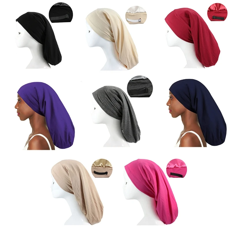 Adjustable Wide Brim Hair Care Cotton Sleep Bonnet Lining Sleep Hair Long Tail Hat Turban Hat All-match N58F