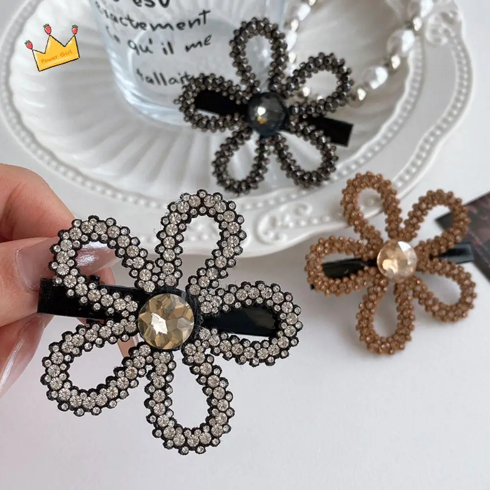 

Personalized Zircon Rhinestone Hair Clip Korean Style Headwear Flower Hairpin Black Silver Shiny Duckbill Clip Party