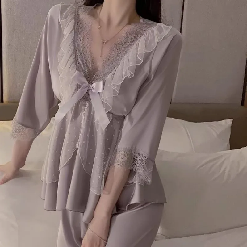 Spring Summer Large Size Loungewear Women\'s Lace V-neck Sleepwear Ice Silk Pajamas French Version Sexy Sweet Thin Homewear Set