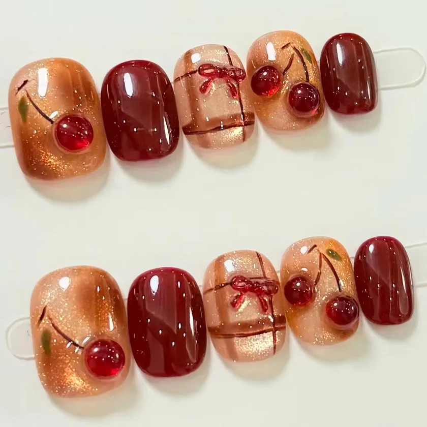 

10pcs Handmade Cat's Eye Press on Nails Amber Smudged 3D Cherry Full Coverage Nail for Women&Girl Removable Wearable Fake Nail