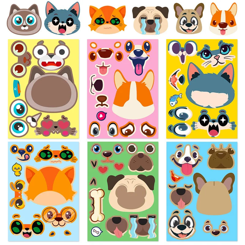 Cute Cat Dog Stickers Sheets For Kids Todders Activities DIY Make A Face Puzzle Stickers Scrapbook Stiker Chidren Craft Toys