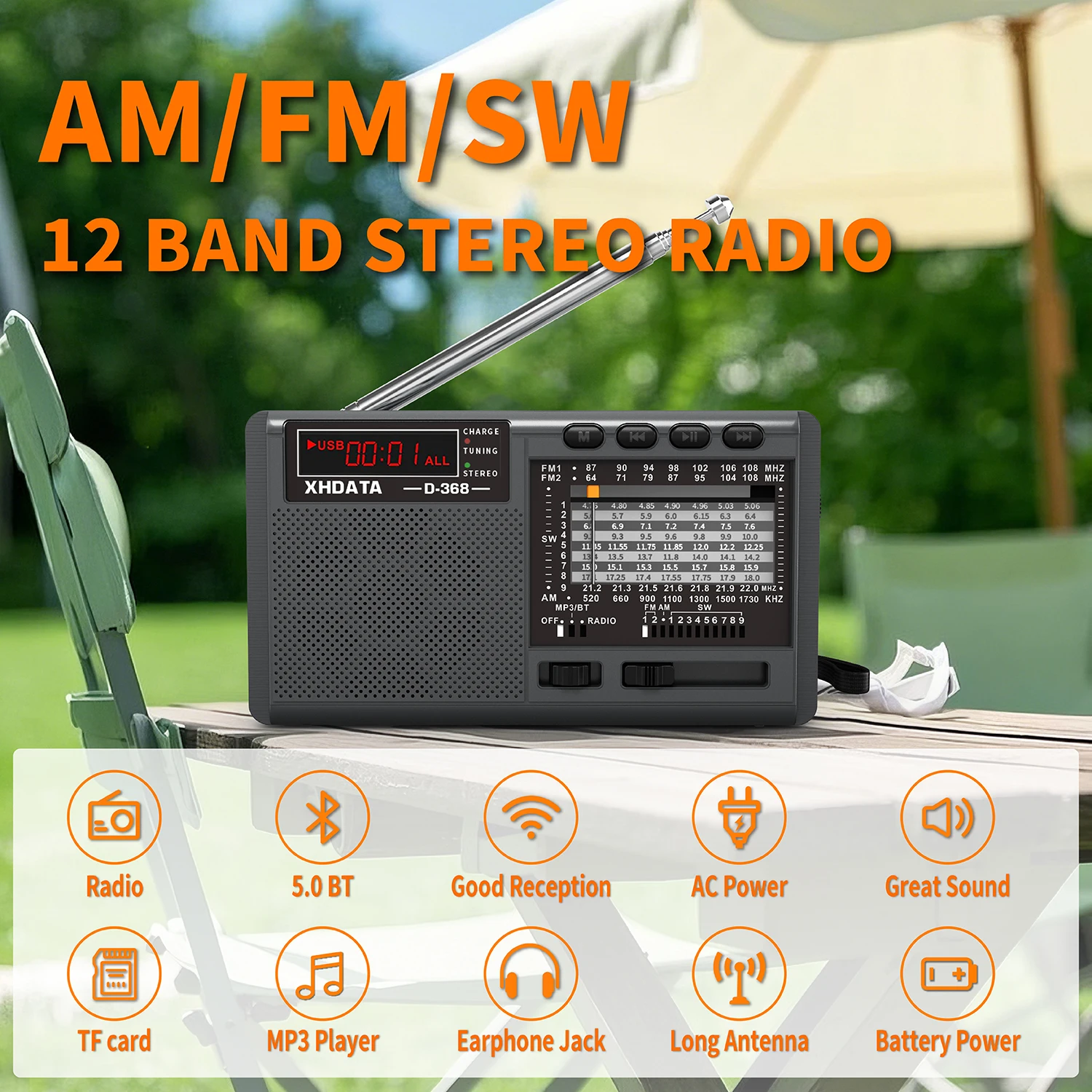 Radio XHDATA D368 DSP AM FM SW con altoparlante Bluetooth 1k Step, lettore MP3, lettore USB per schede TF, batteria ricaricabile, stereo portatile