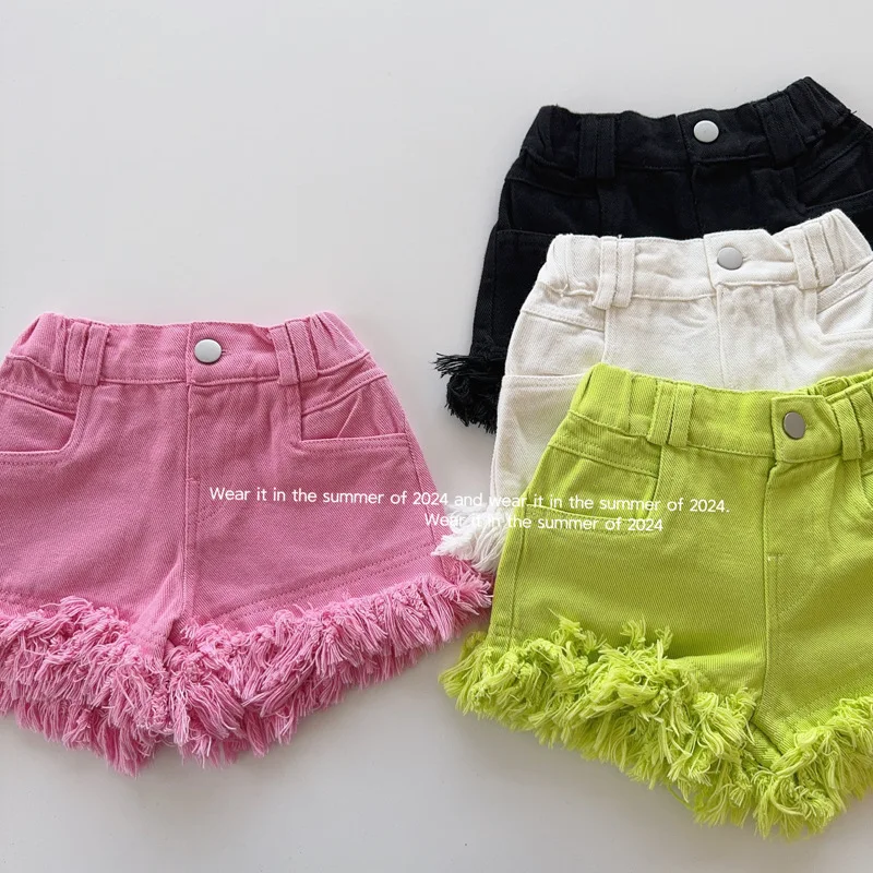 

Girls Pants 2025 Summer New Childrens Clothes Korean Style Girls Baby Loose Foreign Fringe Shorts Casual Simple Daily